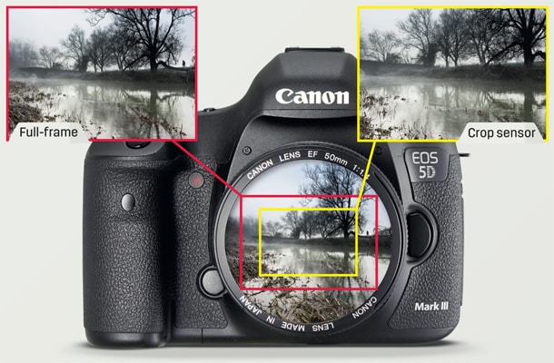 Vergelijking tussen de beeldhoek van een fullframe sensor en een crop sensor Vergelijking tussen de beeldhoek van een fullframe sensor en een crop sensor