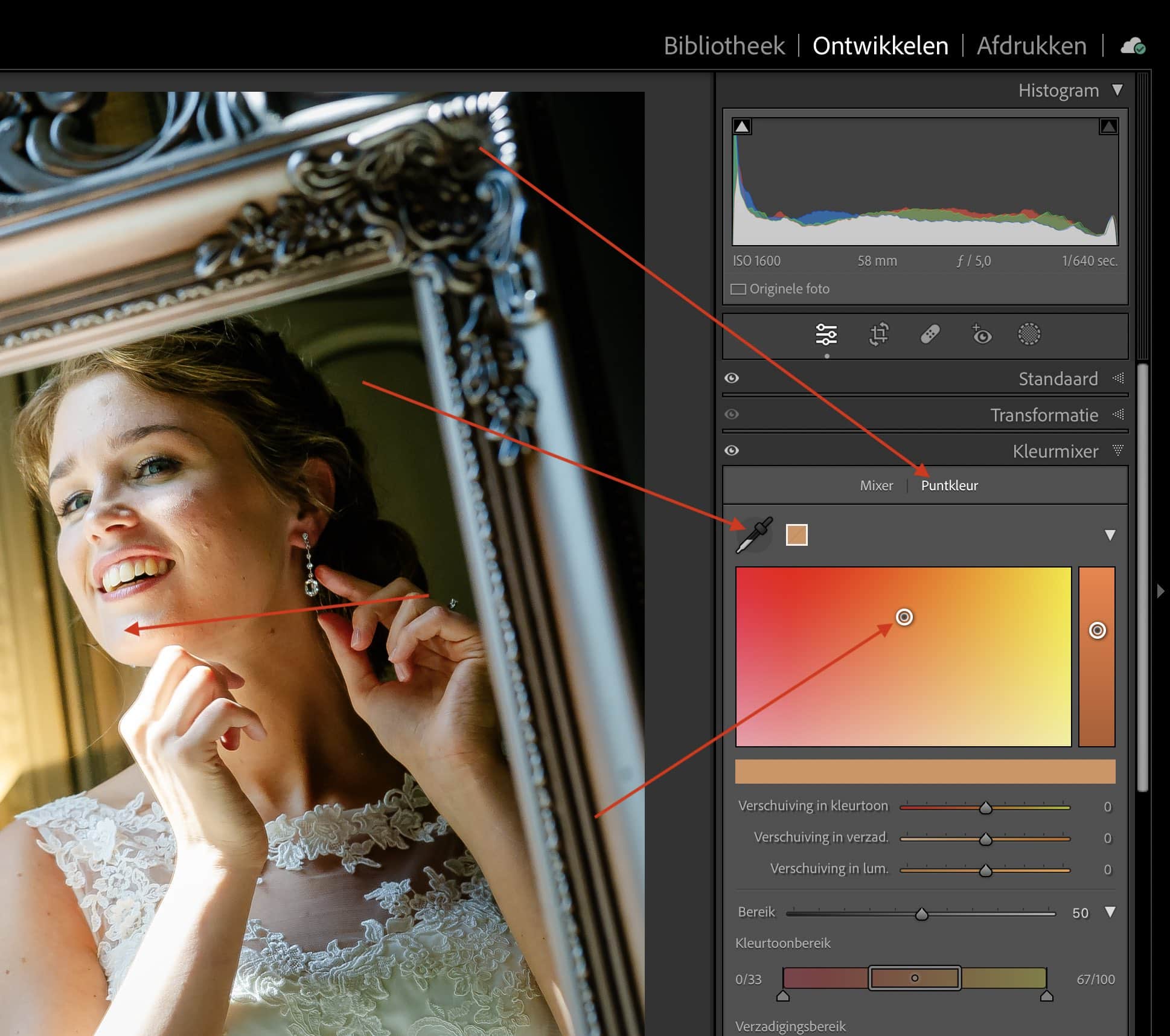 De kleurmixer van Lightroom Classic naast een bruidsfoto De kleurmixer van Lightroom Classic naast een bruidsfoto
