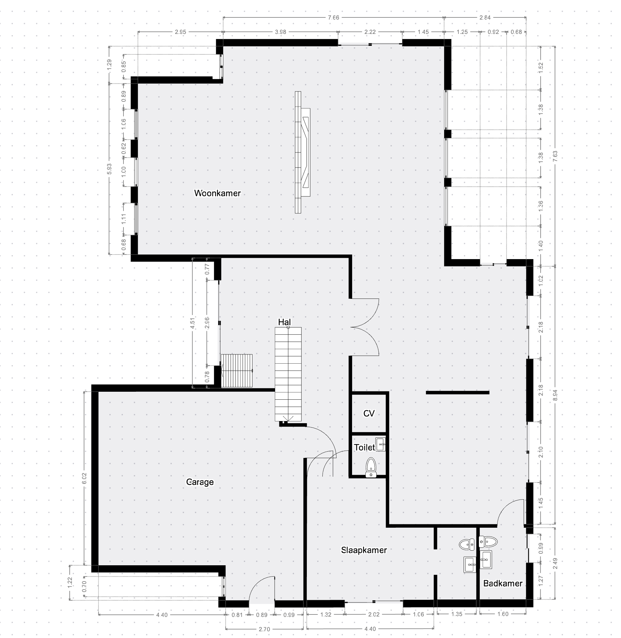 Digitaal ingemeten plattegrond van een begane grond met woonkamer, hal, garage, slaapkamer en badkamer, inclusief maatvoering Digitaal ingemeten plattegrond van een begane grond met woonkamer, hal, garage, slaapkamer en badkamer, inclusief maatvoering